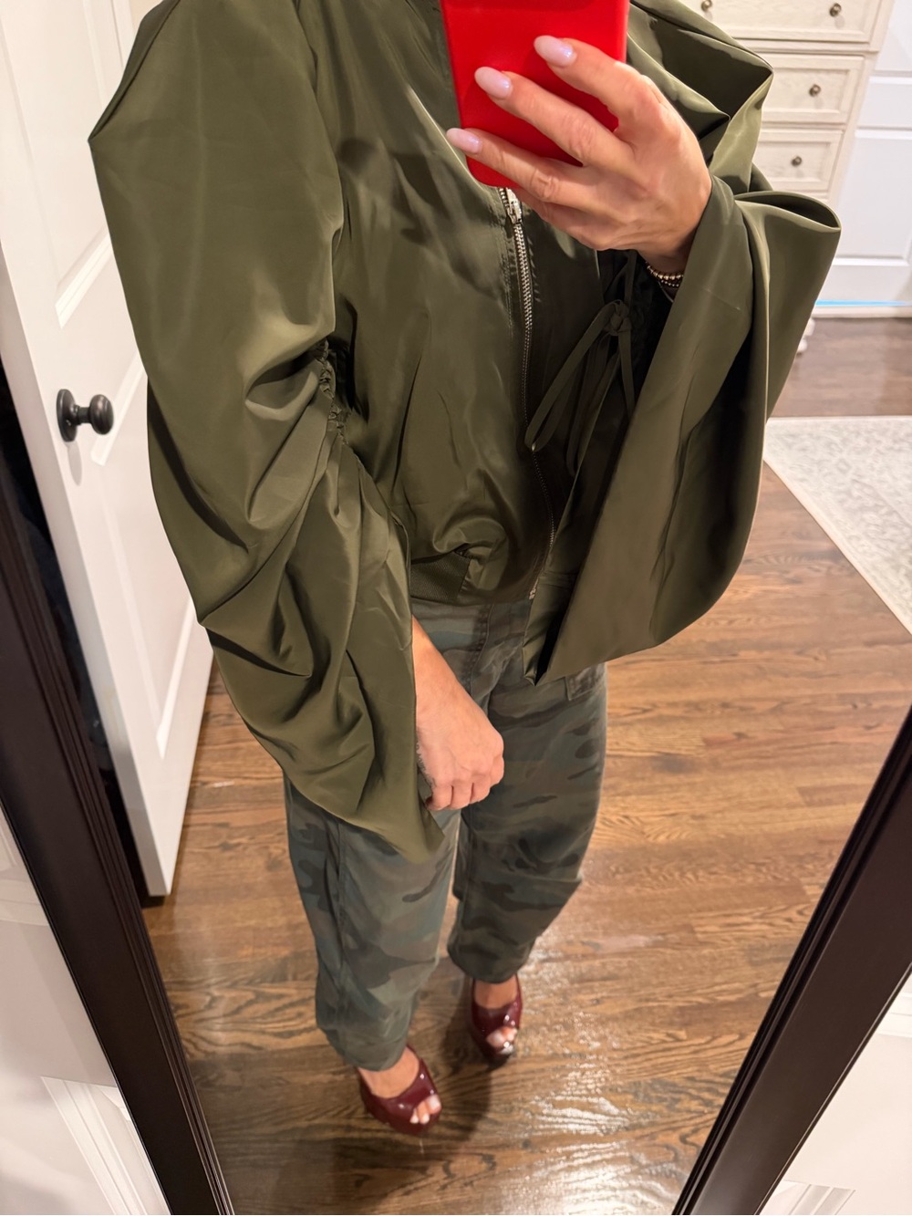Olive Green Draped Sleeve Bomber Jacket